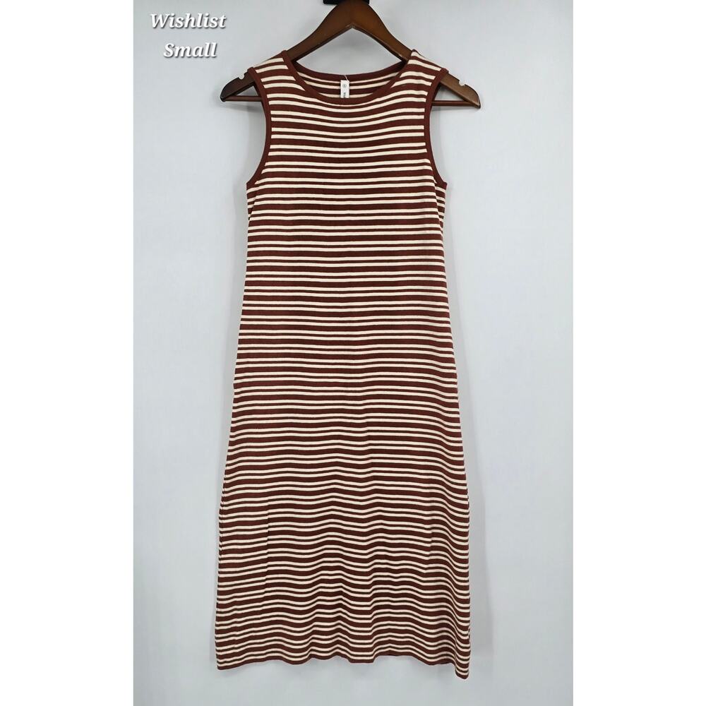 Wishlist Ribbed Knit Midi Dress Brown Cream Stripe Bodycon Minimalist Small